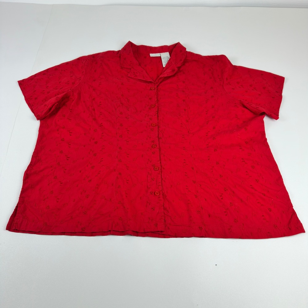 White Stag Plus Red Floral Embroidered Cotton Button Down Shirt 26W 28W W5415130